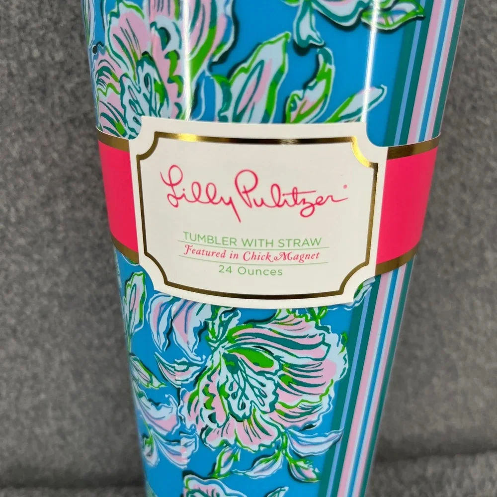 Lilly‎ Pulitzer Tumbler with Straw OS Blue Chick Magnet Floral 24 oz Travel Cup